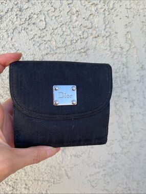 Dior Black Monogram Canvas Small Wallet with Silver Plaque